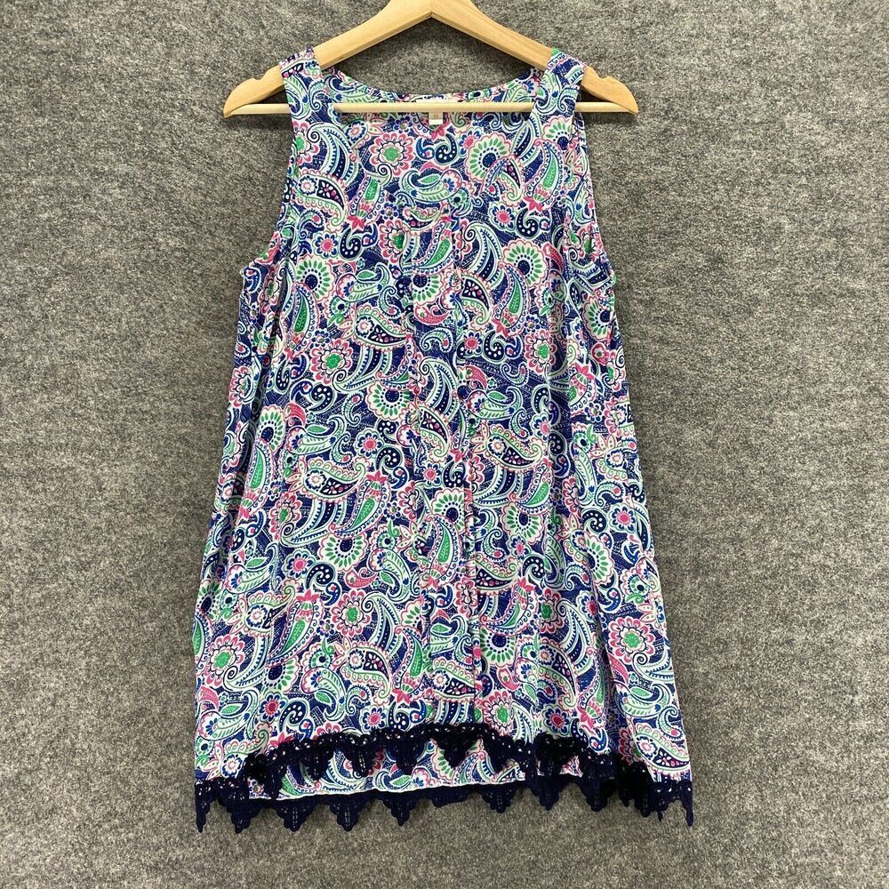 C Blouse Women M Medium Blue Paisley Sleeveless Wide Strap Round Neck Pullover